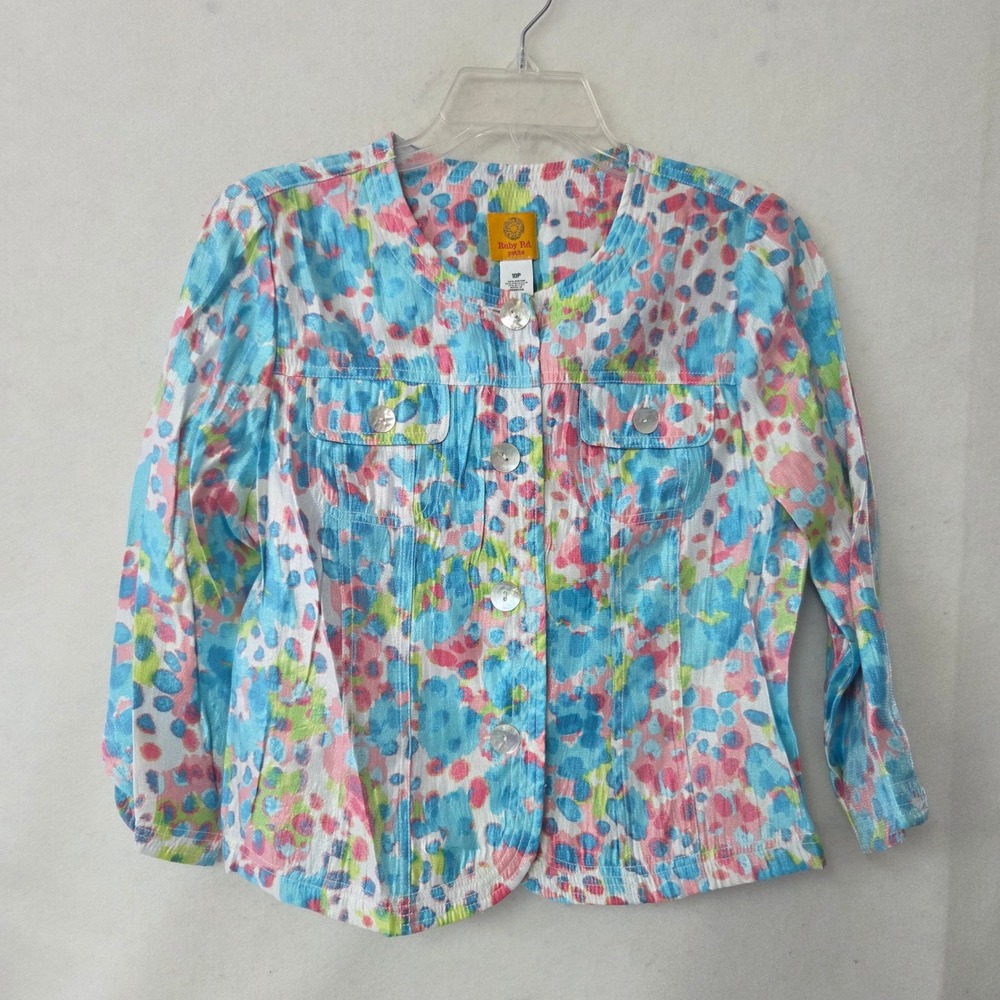 Ruby Rd Petite Abstract Floral Print Button Front‎ Jacket Women's 10P 3/4 Sleeve